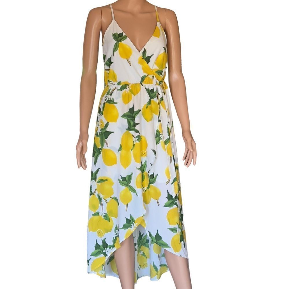Dream of me Lemon Print Faux Wrap High Low Dress SMALL